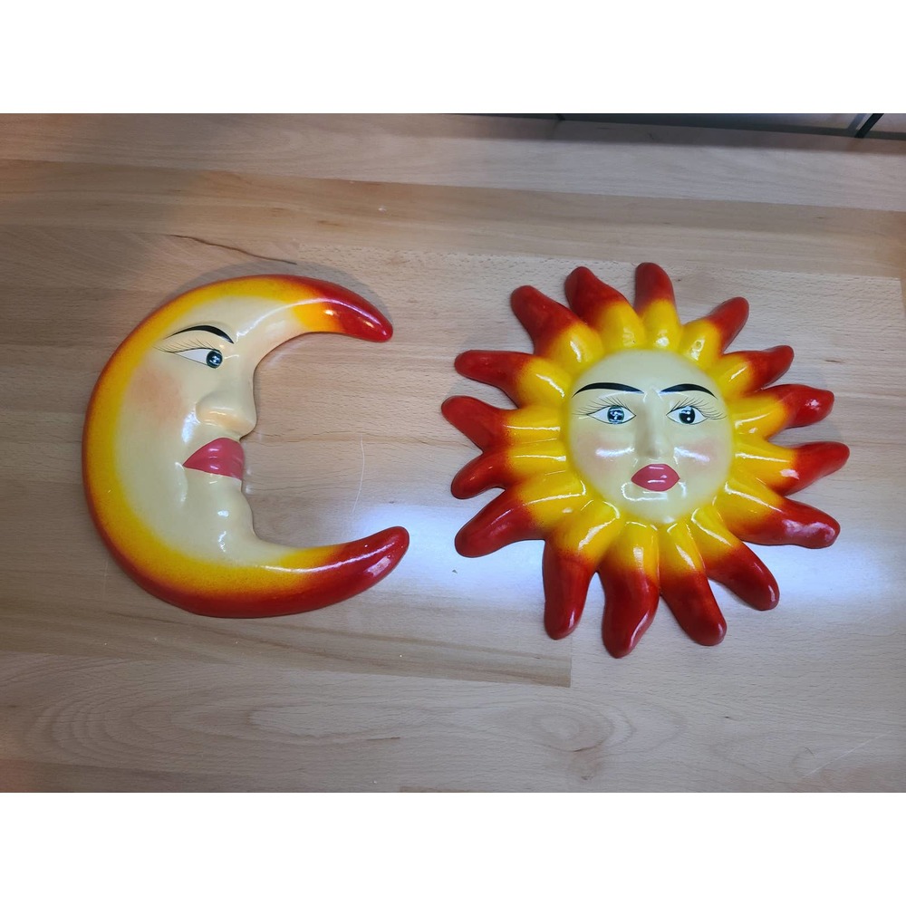 Red and yellow Sun and moon ceramic wall decor